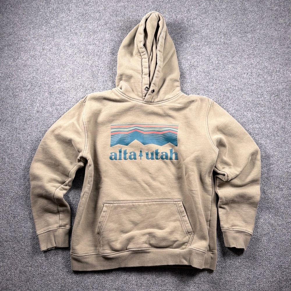 Alta Utah Hoodie Mens Large Tan Mountain Graphic Ski Resort Pullover Sweatshirt